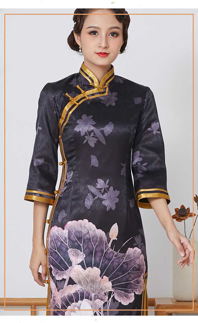 真丝旗袍中长款加棉可定制2019冬新款宴会名媛气质旗袍裙礼服 图片色