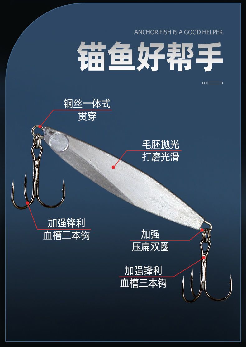 铁板饵新款锚鱼小铁板亮片路亚饵专用探钓远投锚钩单钩双钩淡水海水假
