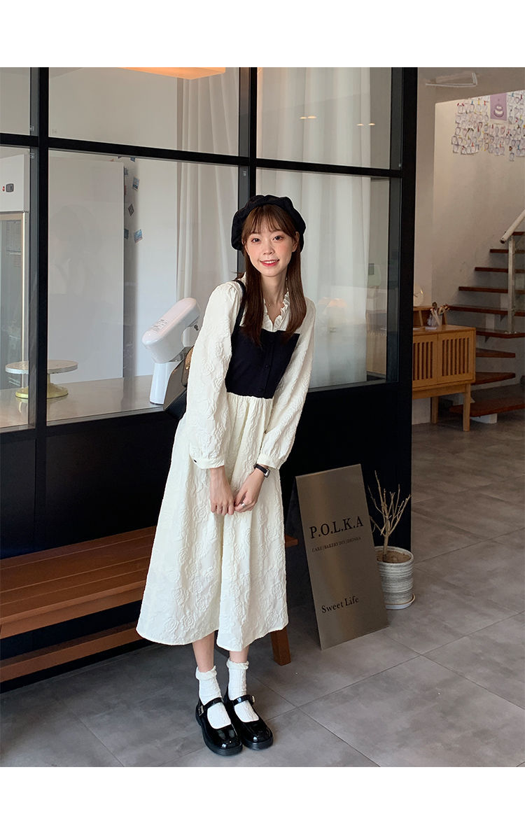 早春2022新款韩系学院风裙子ins超仙学生初恋长袖连衣裙收腰显瘦米