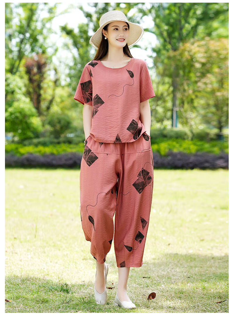 素订棉麻女装官方夏款套装素素杭州中年妈妈棉麻两件套夏装洋气短袖