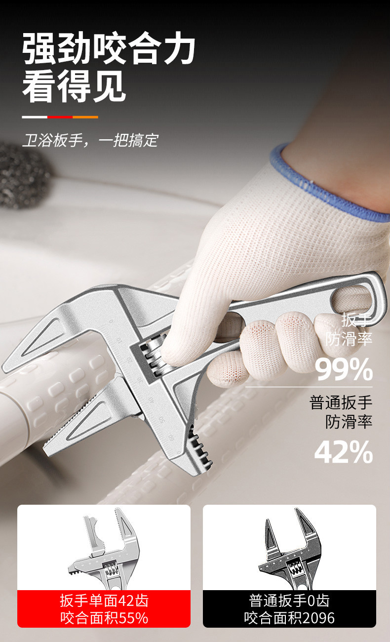 卫浴扳手大开口水暖下水管安装多功能活动水龙头专用工具板子银色旗舰