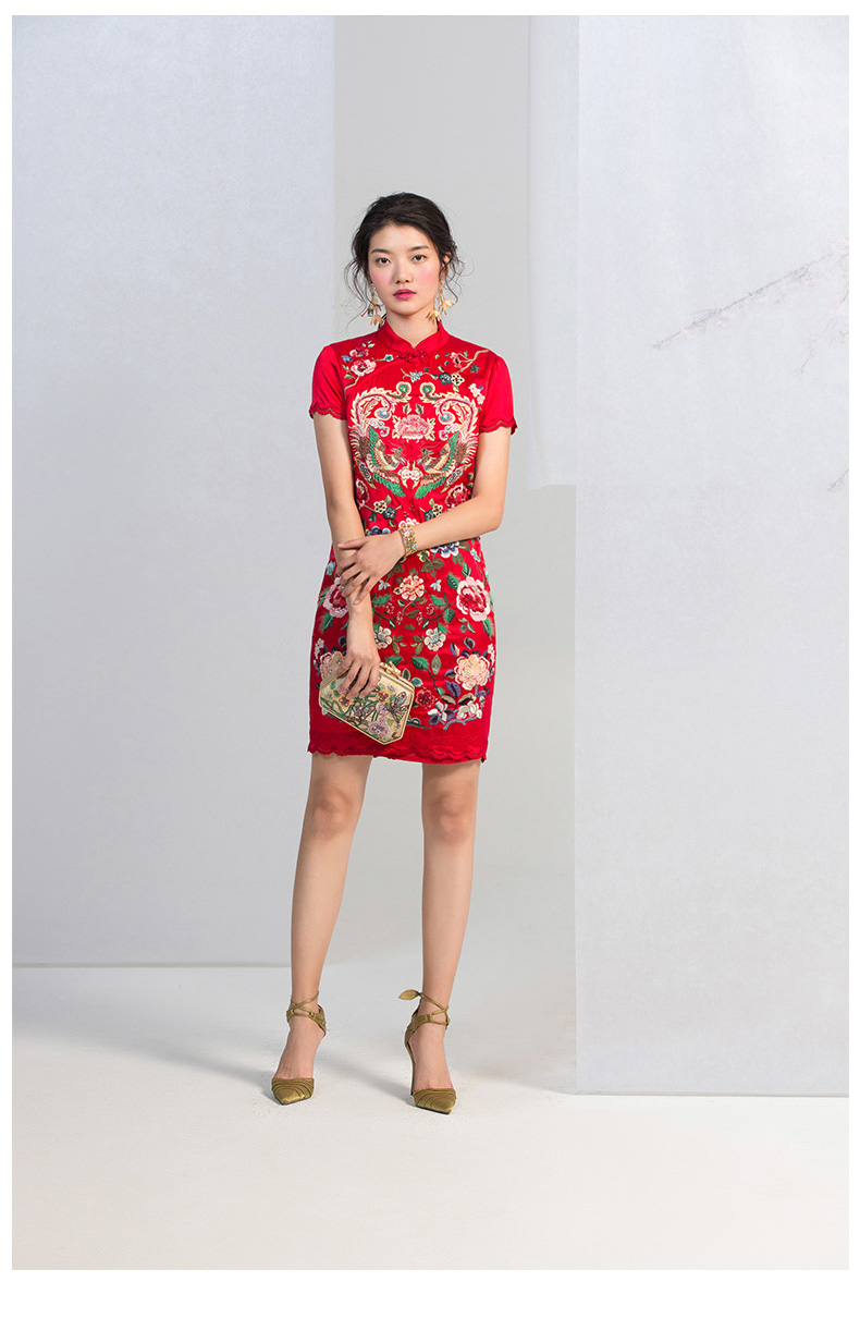 渔牌2020年新款女装夏季时尚真丝旗袍式连衣裙桑蚕丝红色新娘裙子