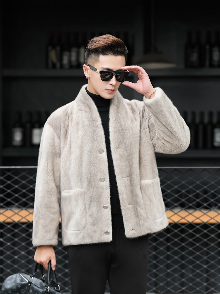 美国宝佳美 新款进口貂皮外套大衣男整貂短款无领美国天鹅绒青年时尚