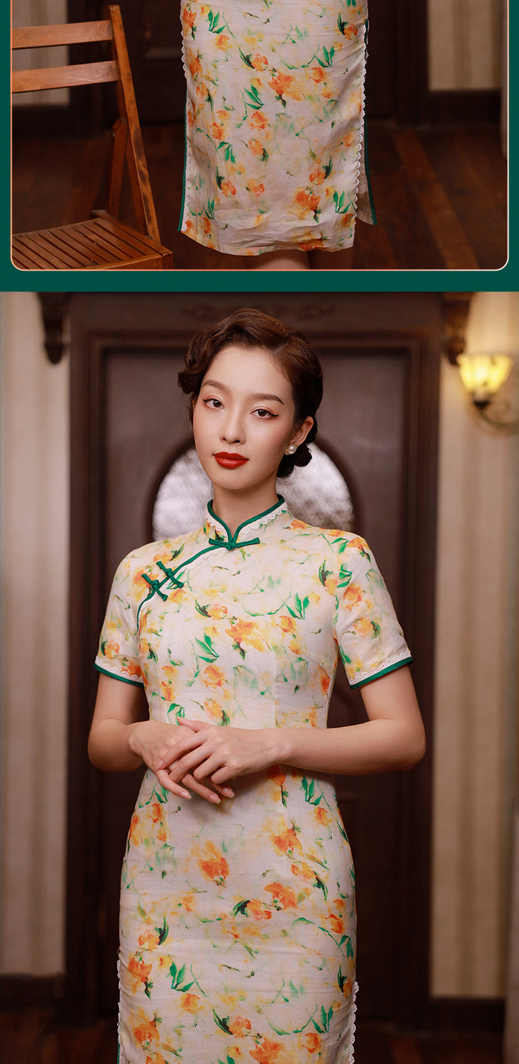 逸红颜旗袍女夏2022新款春婞雪纺简约立领斜襟修身气质复古改良姚黄