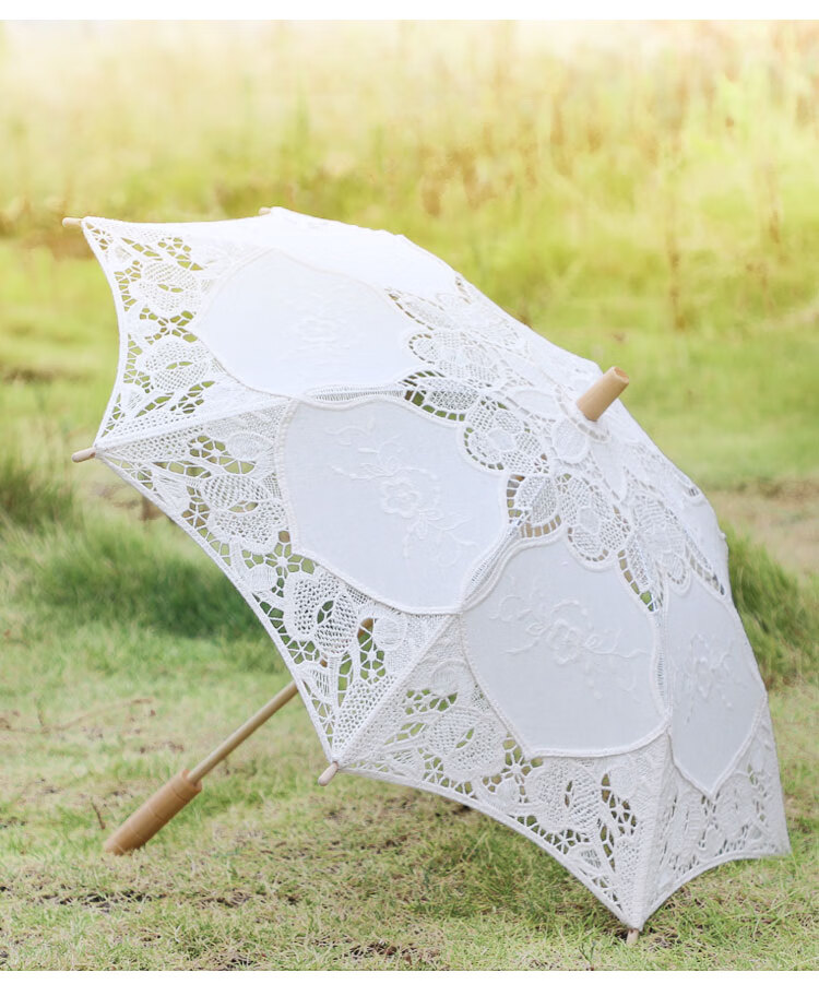 结婚伞白色蕾丝伞拍照布艺镂空木柄伞婚纱照写真摄影道具婚庆洋伞白色