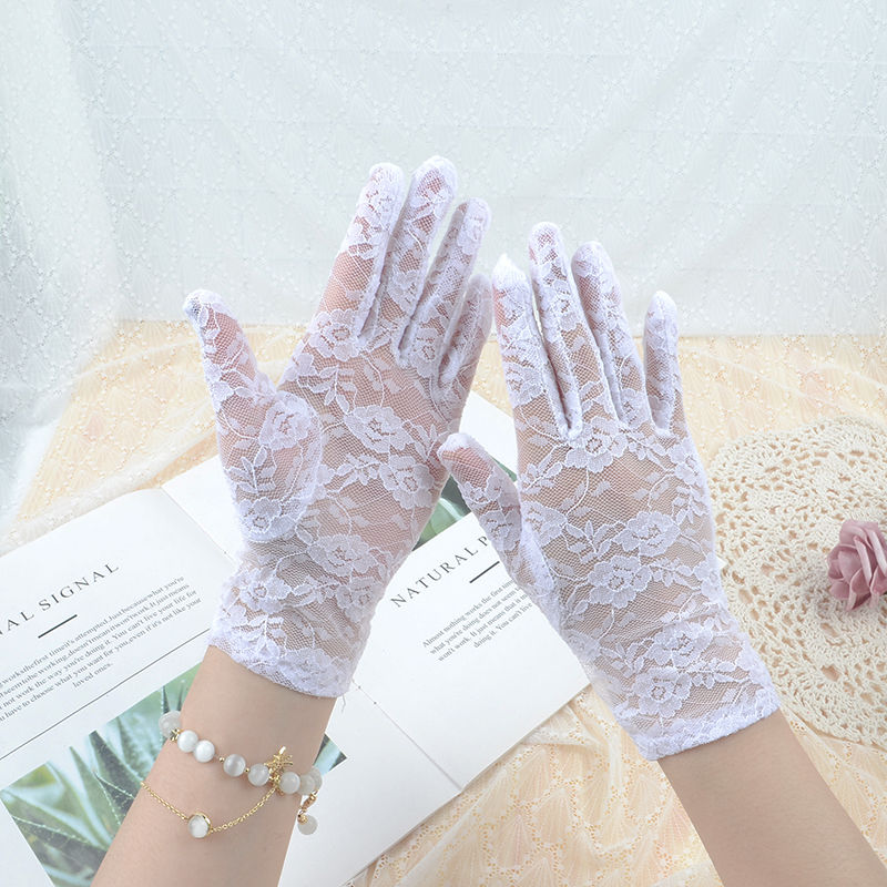 芷米夏季蕾丝手套防晒开车骑行户外礼仪小玫瑰碎花网纱弹力女婚纱手套