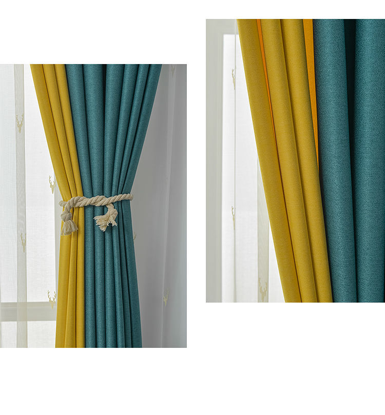 花仟陌2021新款北欧遮光拼接窗帘定制成品客厅卧室遮光窗帘墨绿拼黄宽