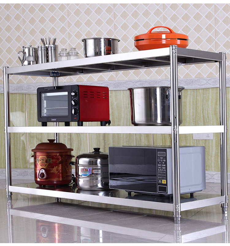【新品】厨房货架304不锈钢厨房置物架落地3层放锅架子微波炉收纳架储