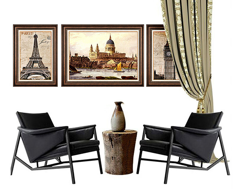 客厅装饰画美式沙发背景墙挂画卧室玄关墙画书房油画欧式建筑壁画 英