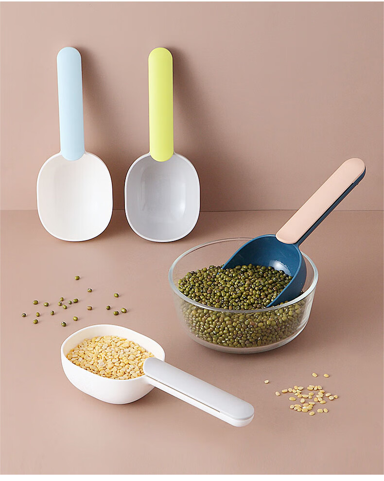 舀厨房家用量勺挖面粉勺瓢塑料勺五谷杂粮杯量勺子舀面勺带夹 蓝白
