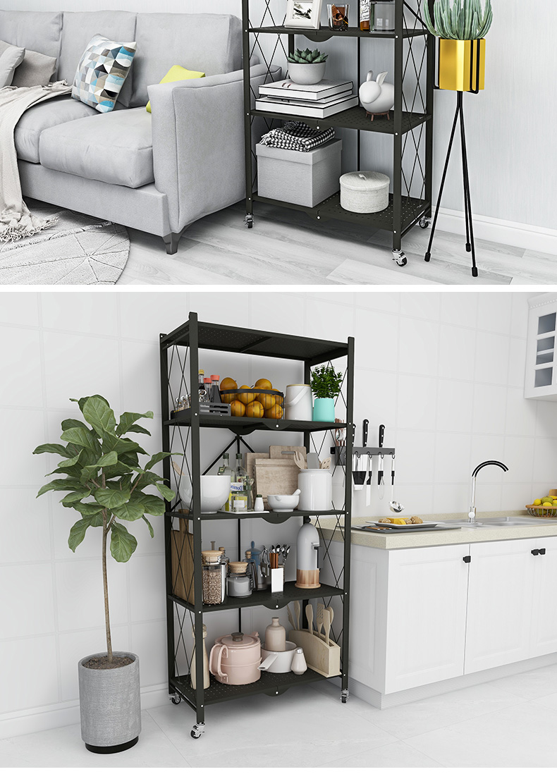 毕威尔厨房折叠置物架储物架 落地免安装折叠收纳移动带轮 搁物架