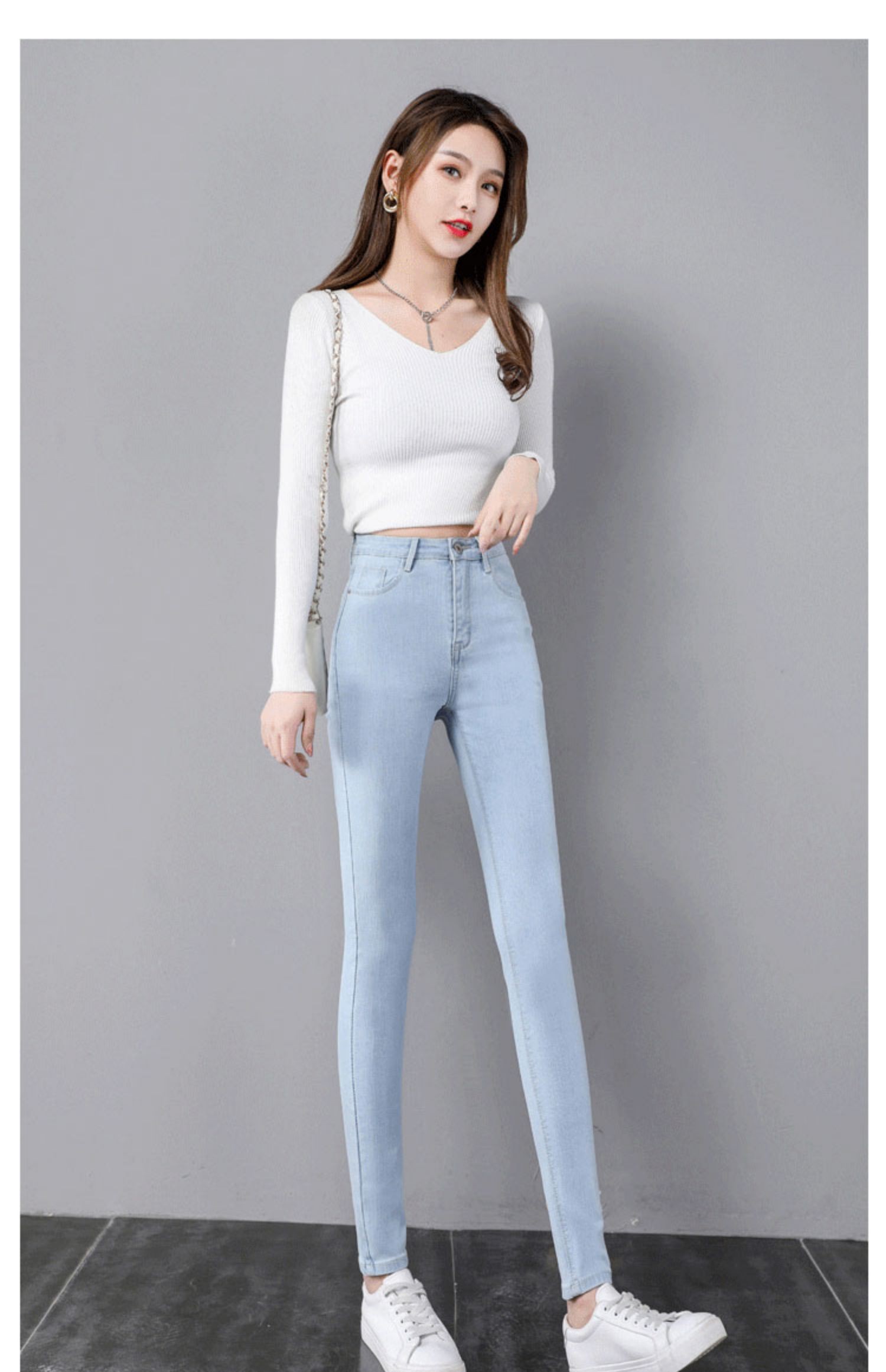 屿汐紧身裤女浅蓝色牛仔裤女新款春秋紧身高腰显瘦小脚九分弹力紧身长