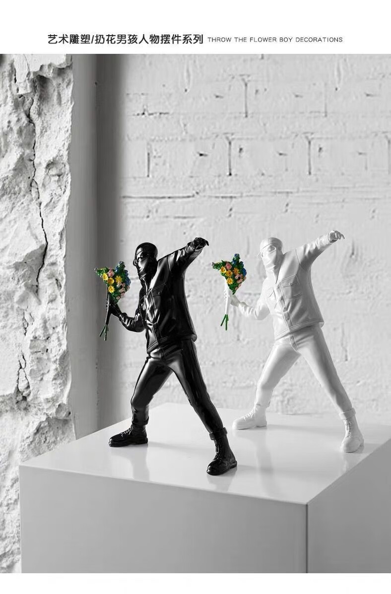 创意轻奢扔花男孩摆件客厅班克西桌面艺术人物雕塑摆设家居装饰品