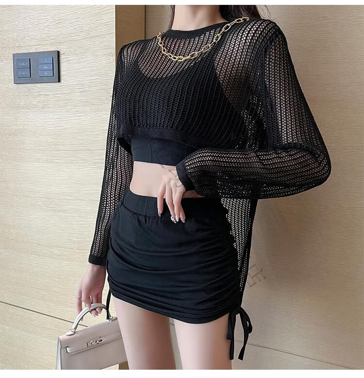 韩版爵士网纱女装性感夜店ds领舞练功服歌手跳舞演出服时尚套装秋白色