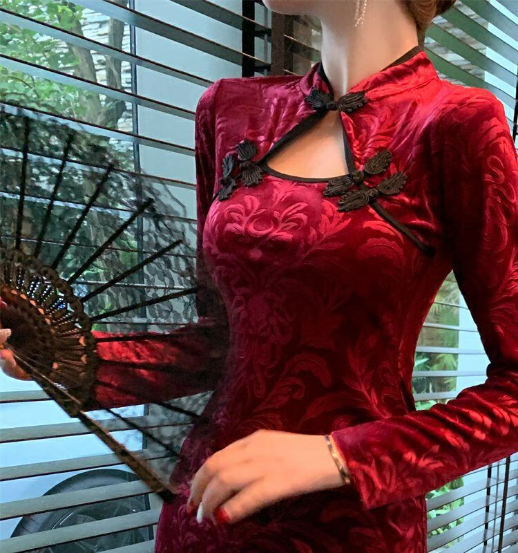 旗袍性感高开衩复古中国风改良版旗袍镂空性感蕾丝边开叉包臀中长款