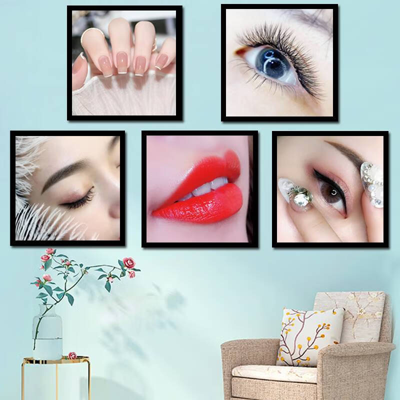 眉眼唇装饰画纹绣挂画半宣传画美甲美睫壁画美容院海报 组合1(5个图)