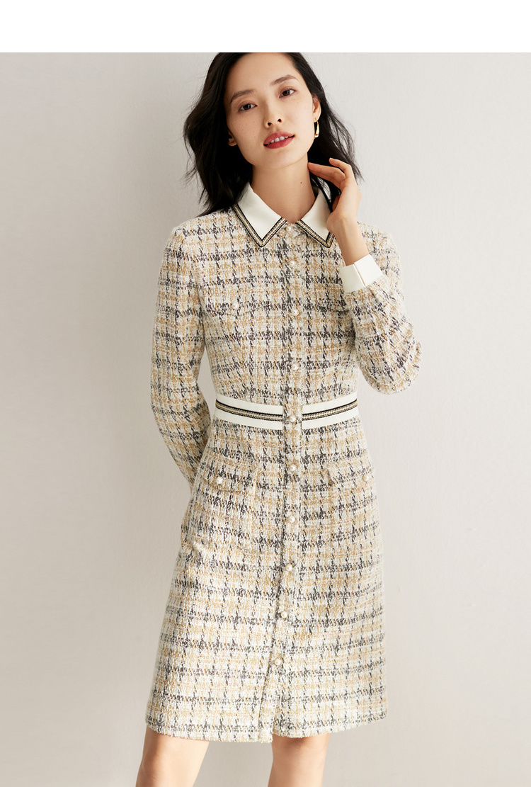 尚都比拉小香风连衣裙2020秋冬女装气质优雅粗花呢千鸟格a字裙子 a款