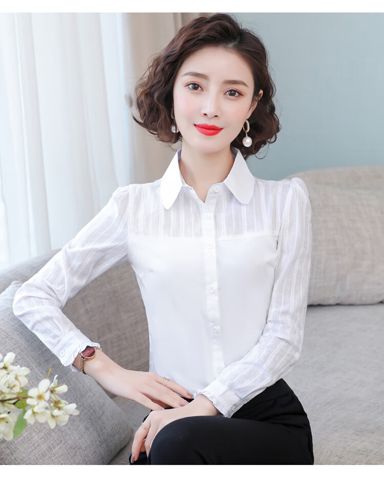 恒源祥雪纺衬衫女纯棉白色九分袖22年春季新款职业女装洋气女士韩版