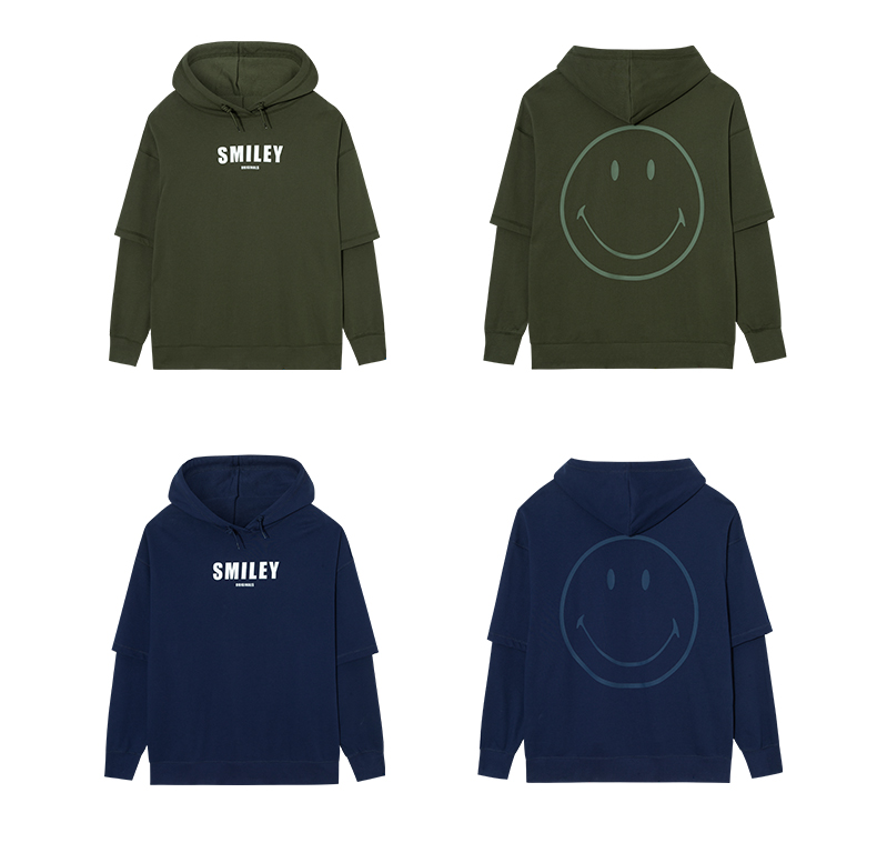 smiley笑脸假两件连帽卫衣22春季百搭潮流街头宽松纯棉套头上衣米白色