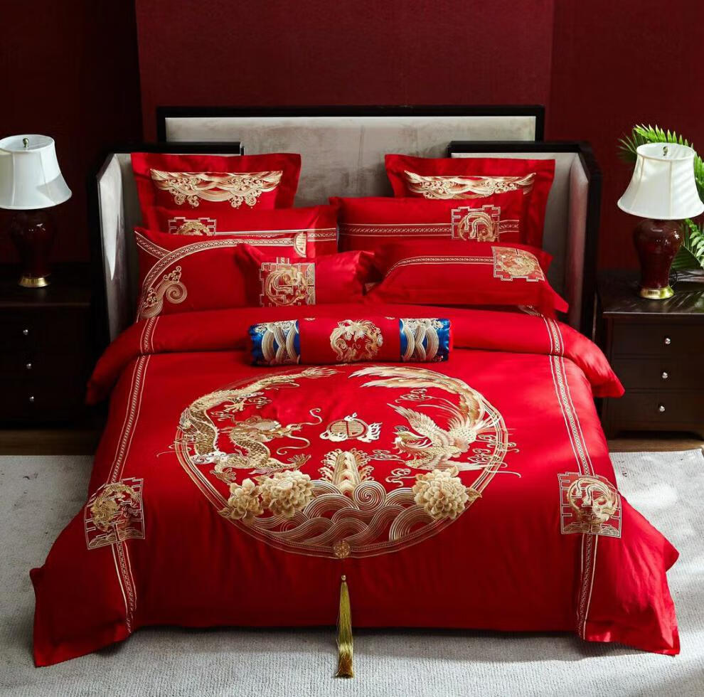 结婚四件套全棉婚庆刺绣纯棉大红色贡缎婚礼新婚房喜被床上用品塔兰特