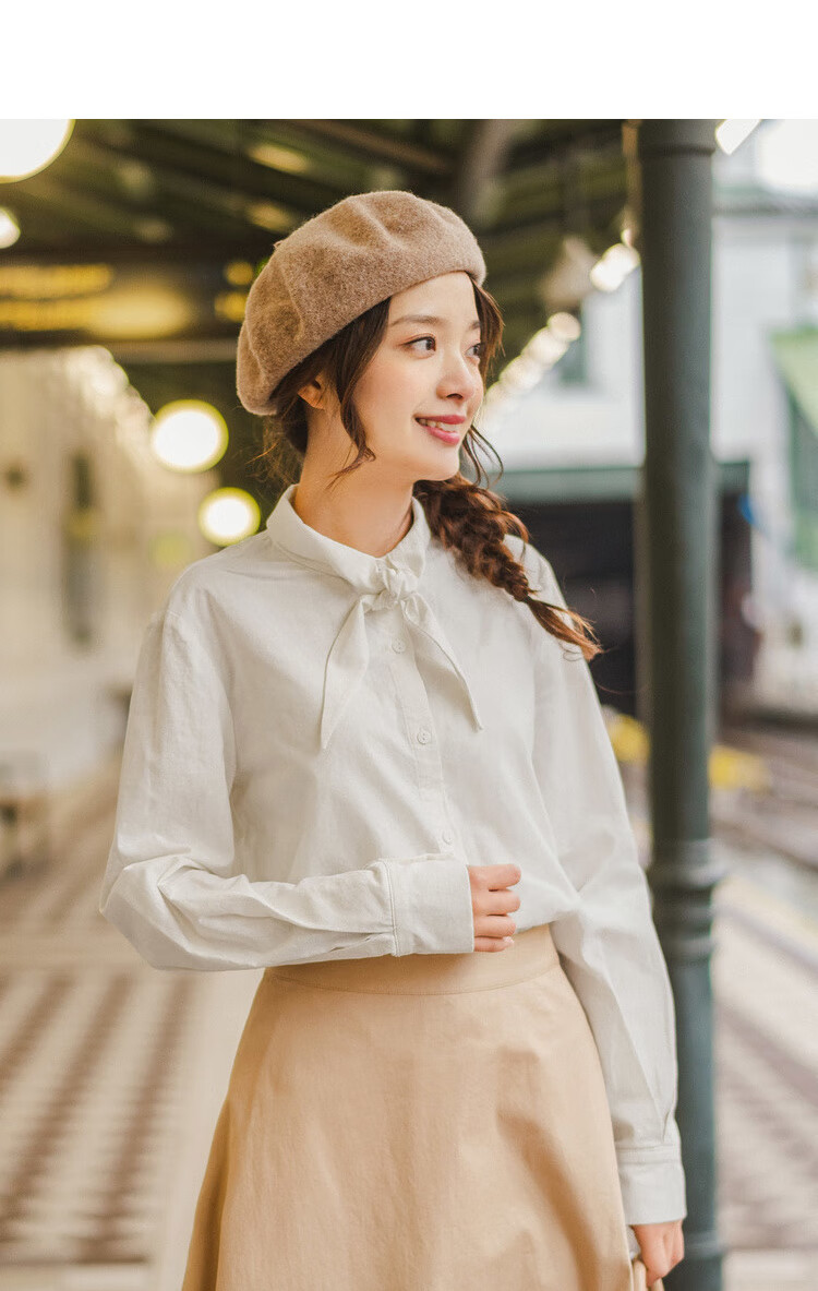 茵曼秋裝新款亞麻棉法式優雅繫帶純色文藝知性優雅純色上衣女