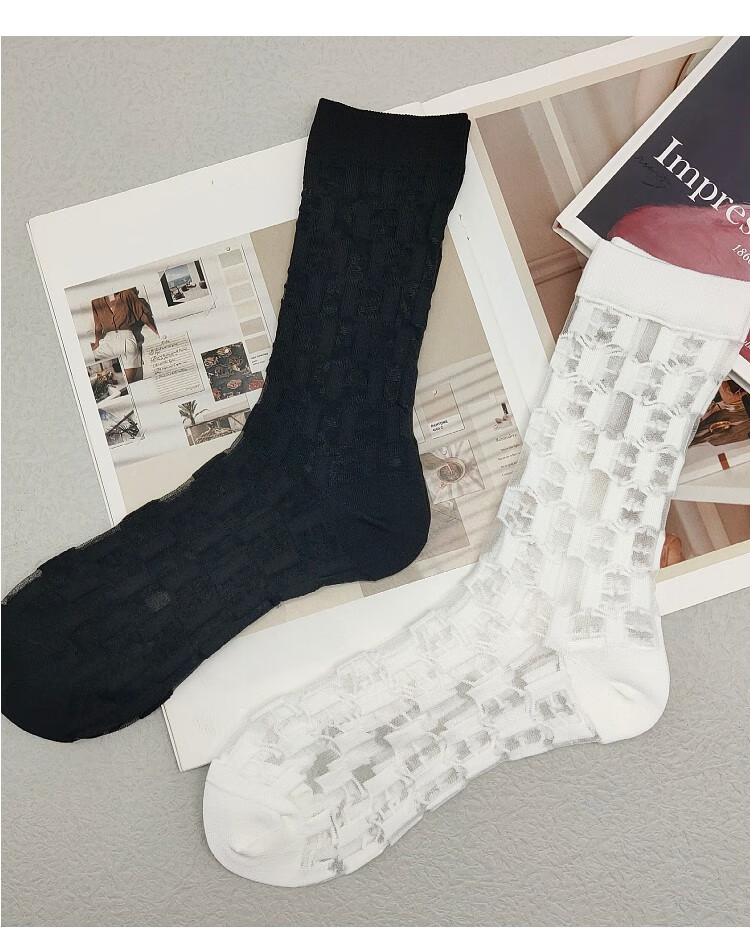 巴·黎世家官方字母透明玻璃丝中筒袜夏季超薄ins潮水晶丝袜黑白色配