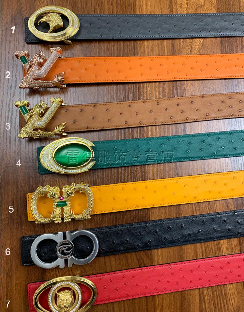 轻奢高品质高档鸵鸟皮皮带男商务休闲手工镶钻玉石老虎钢扣绿色真皮