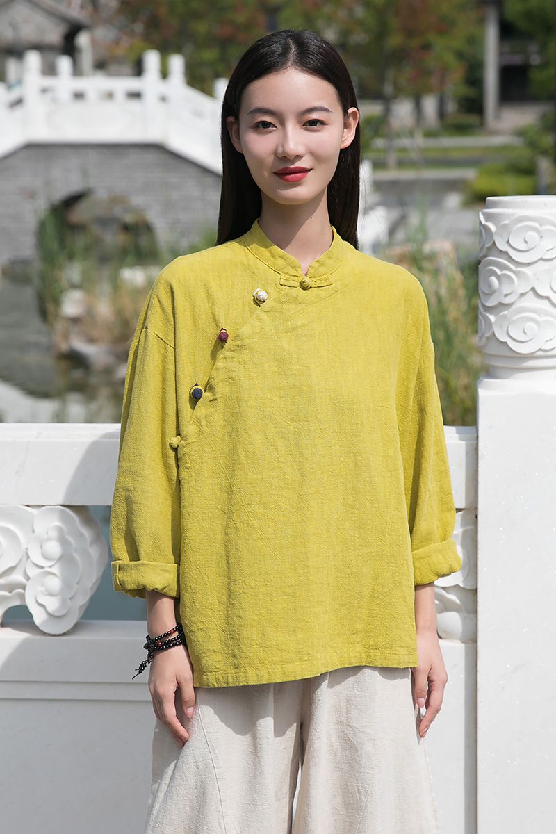 风佛系盘扣宽松棉麻禅意民族风女式唐装茶服上衣亚麻复古衬衫白色s