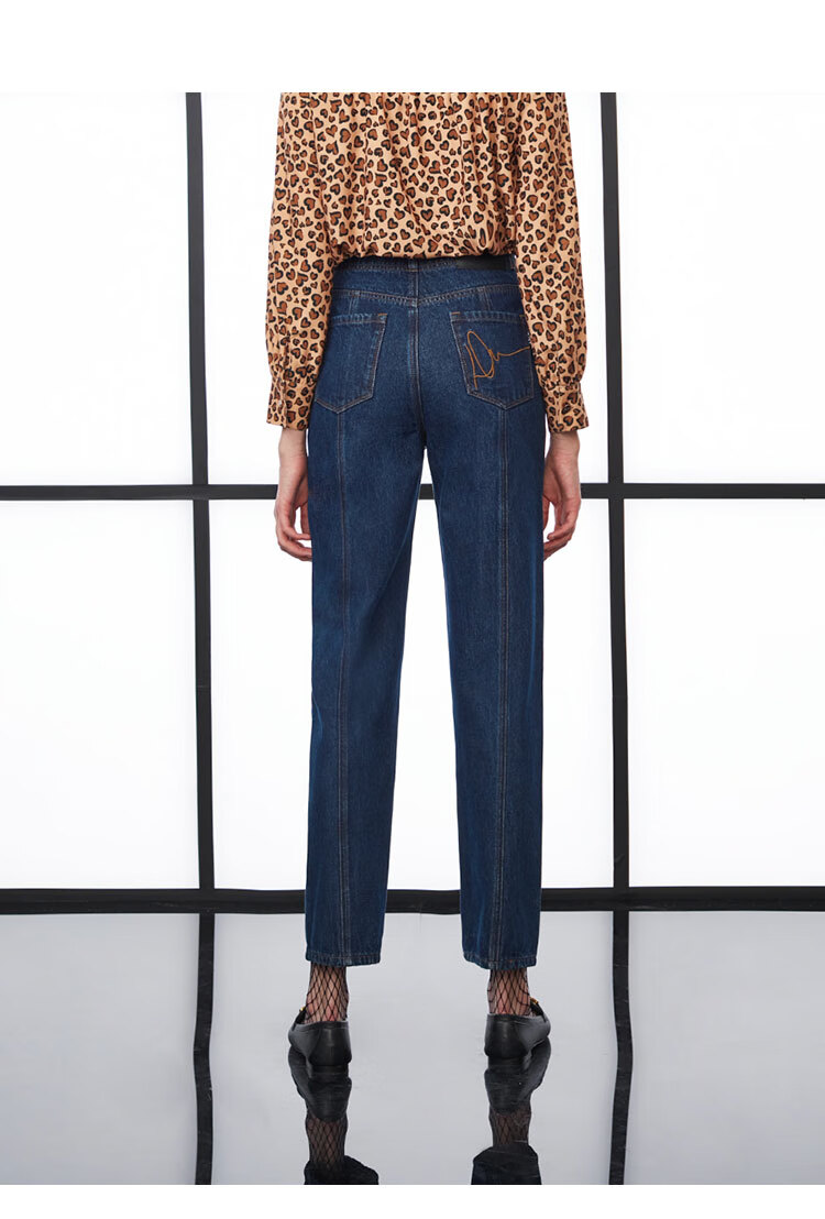 dkny休闲裤女水洗分割拼块设计高腰直筒女式牛仔裤奢侈品女装深牛仔蓝