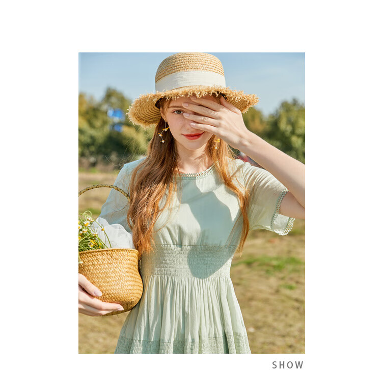 预售秋水伊人连衣裙夏装2020年新款女装纯色花边褶皱清新中长款裙子女