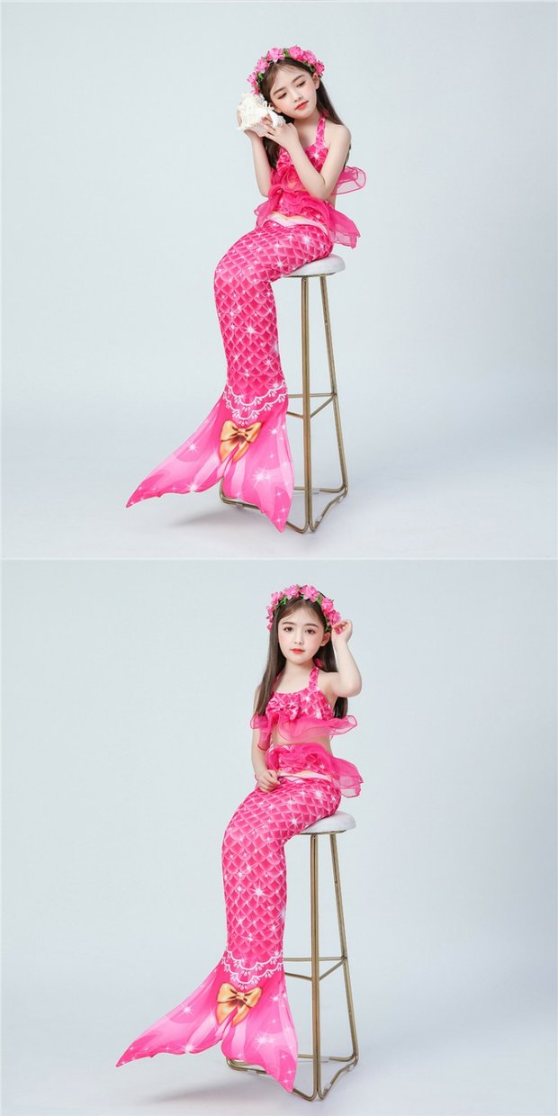 美人鱼服装人鱼尾巴泳衣女童公主裙游泳衣裤套装儿童温泉泳装套装蓝色