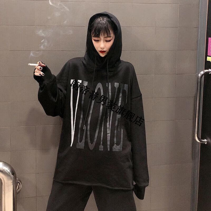 vlone王一博同款3m反光大v连帽卫衣男女高街嘻哈宽松情侣黑 连帽黑绿