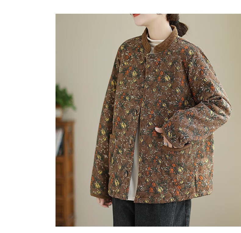 复古碎花夹棉小棉袄女秋冬宽松加厚保暖棉衣立领短款棉服外套 咖色