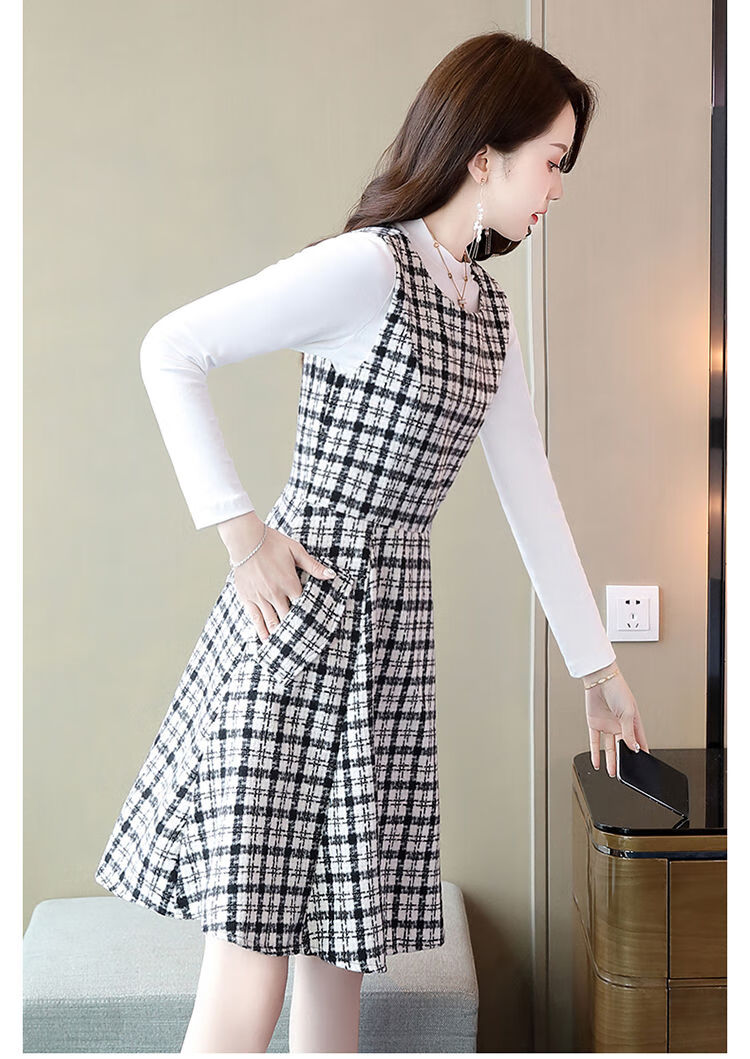 连衣裙女2020年新款韩版时尚格子套装裙子气质百搭收腰名媛两件套