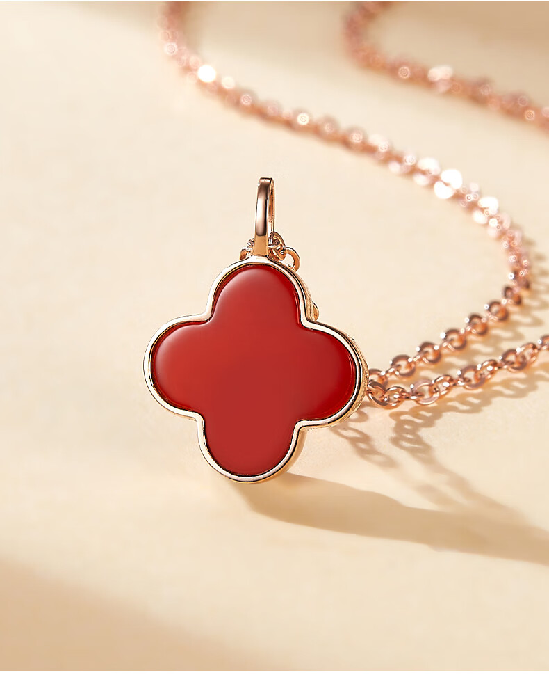 翡驰高端品牌18k金玫瑰金幸运四叶草项链女锁骨链吊坠红玛瑙宝石坠子