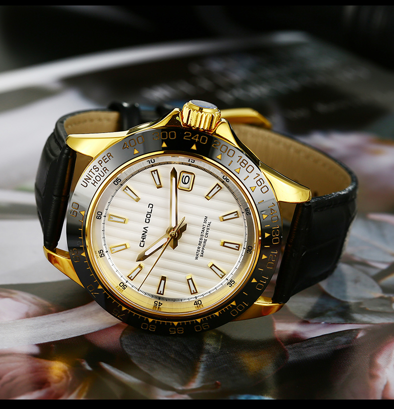 中国黄金官方店珍61如金足金牛皮表带机械男士手表腕表gwb062足金