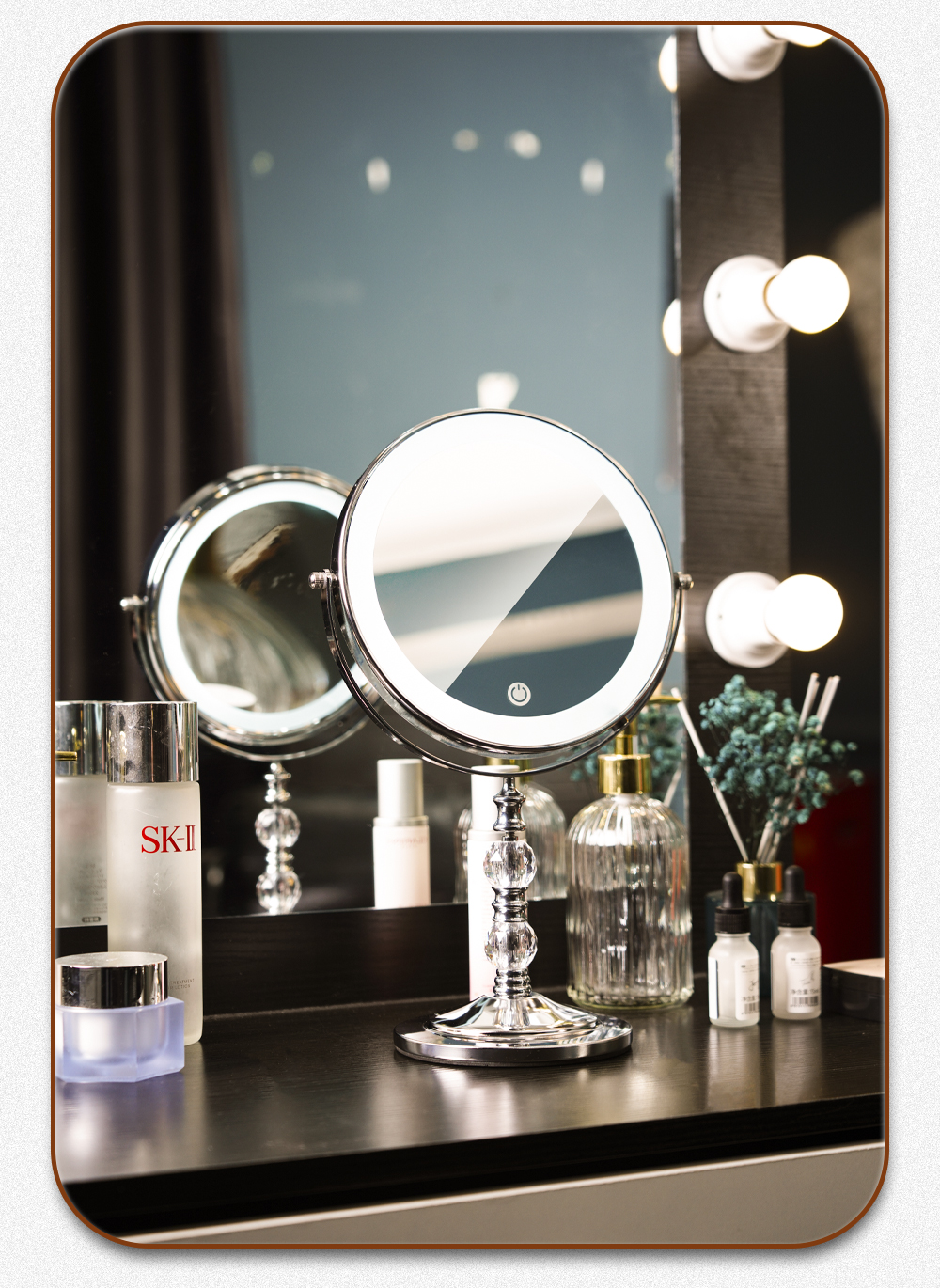 鸿迪化妆镜带灯led梳妆镜台式智能美妆镜子三色补光双面调光便携卸妆