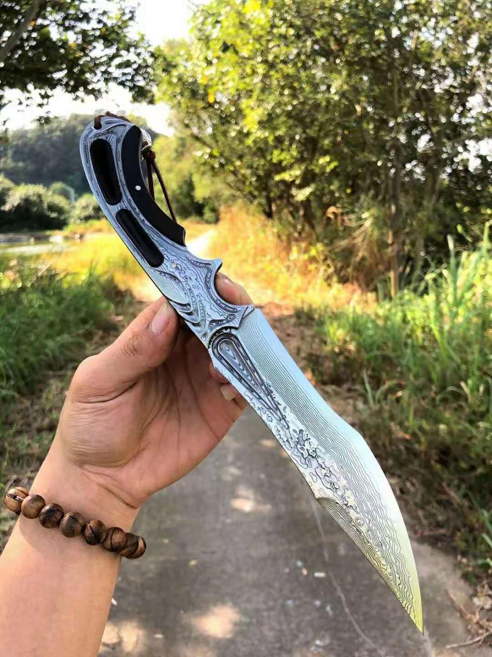 大马士革长刀术刀具 寒冰女神大马士革钢户外小直刀高硬度野外随身