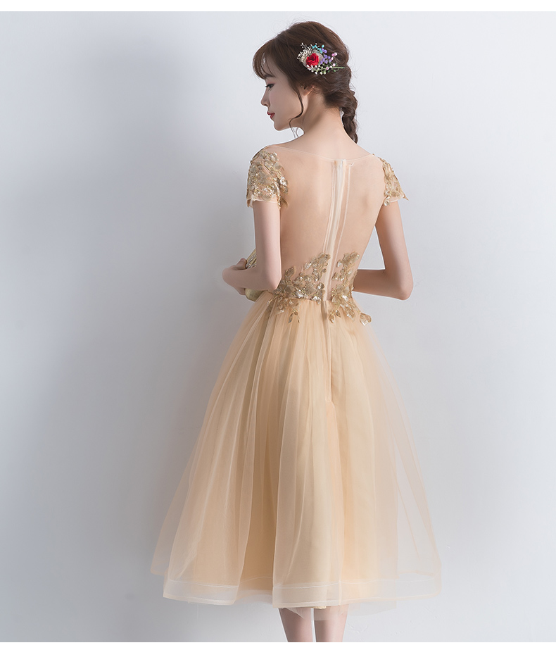 人服晚宴服金色晚礼服女2019宴会气质短款伴娘礼服连衣裙小个金色s