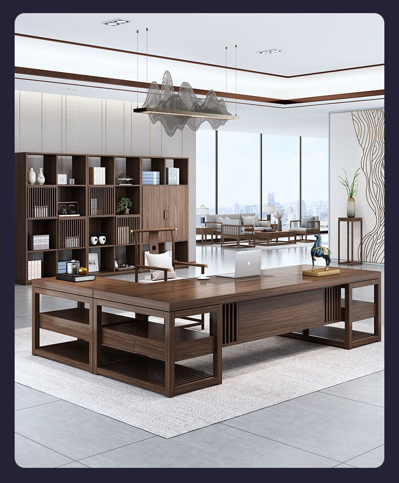 绿森然纯实木电脑桌新中式办公桌大班台老板桌总裁桌椅组合带抽屉书桌