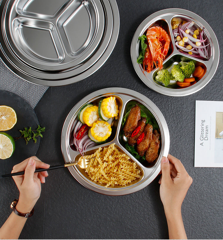 304不锈钢餐盘餐盘学校成人餐盘圆形分格三四五格食堂菜盘201特厚六格
