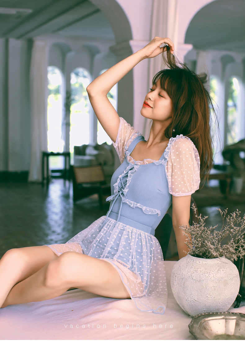 泳衣女遮肚显瘦仙女范保守温泉小胸性感ins裙式小清新学生泳装f4 蓝色