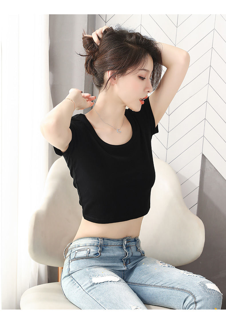 露脐上衣女短袖韩版性感潮紧身修身高腰运动健身服超短款t恤女夏 黑色