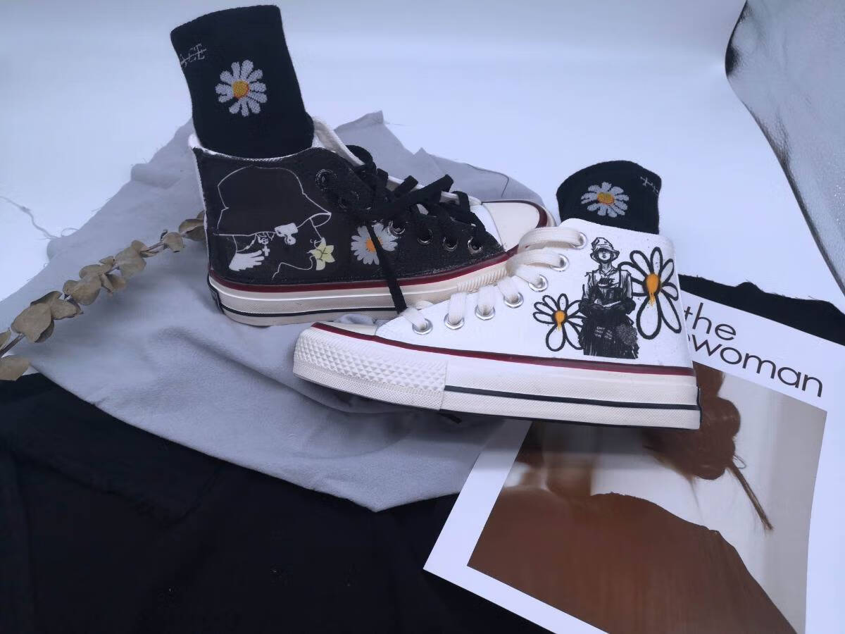 原创爆改反光手绘权志龙帆布鞋gd同款小雏菊小脏菊联名高帮帆布鞋 小