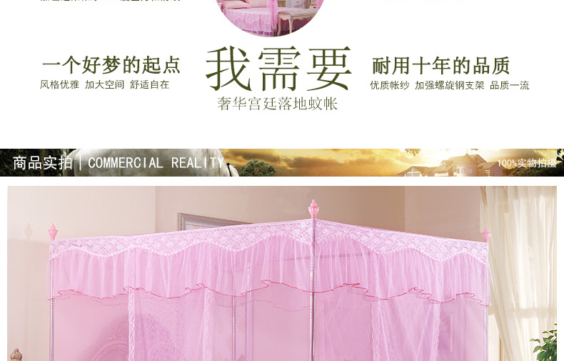 
                                        梦飘飘家纺  蚊帐三开门不锈钢加粗加厚支架落地式宫廷方顶公主蚊帐 心相印-紫色 2.0m床适用                