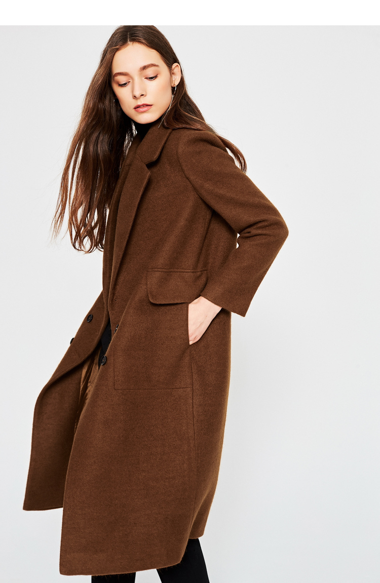 秋水伊人2017冬装新品女装纯色双排扣西装领长袖中长款呢大衣 焦糖色