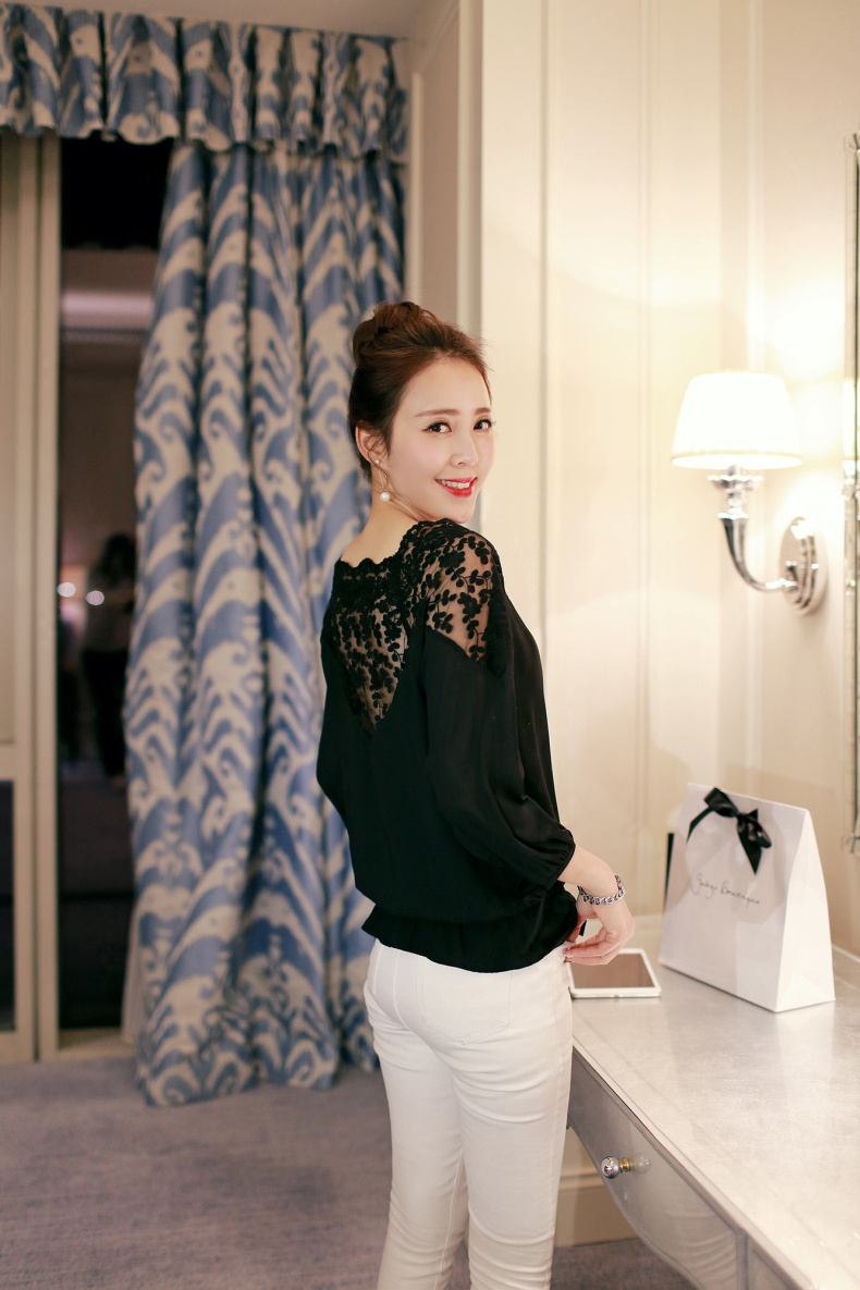 忆姿美2016春夏装新品女装蕾丝衫大码修身名媛气质春秋女式雪纺衫 白色 M