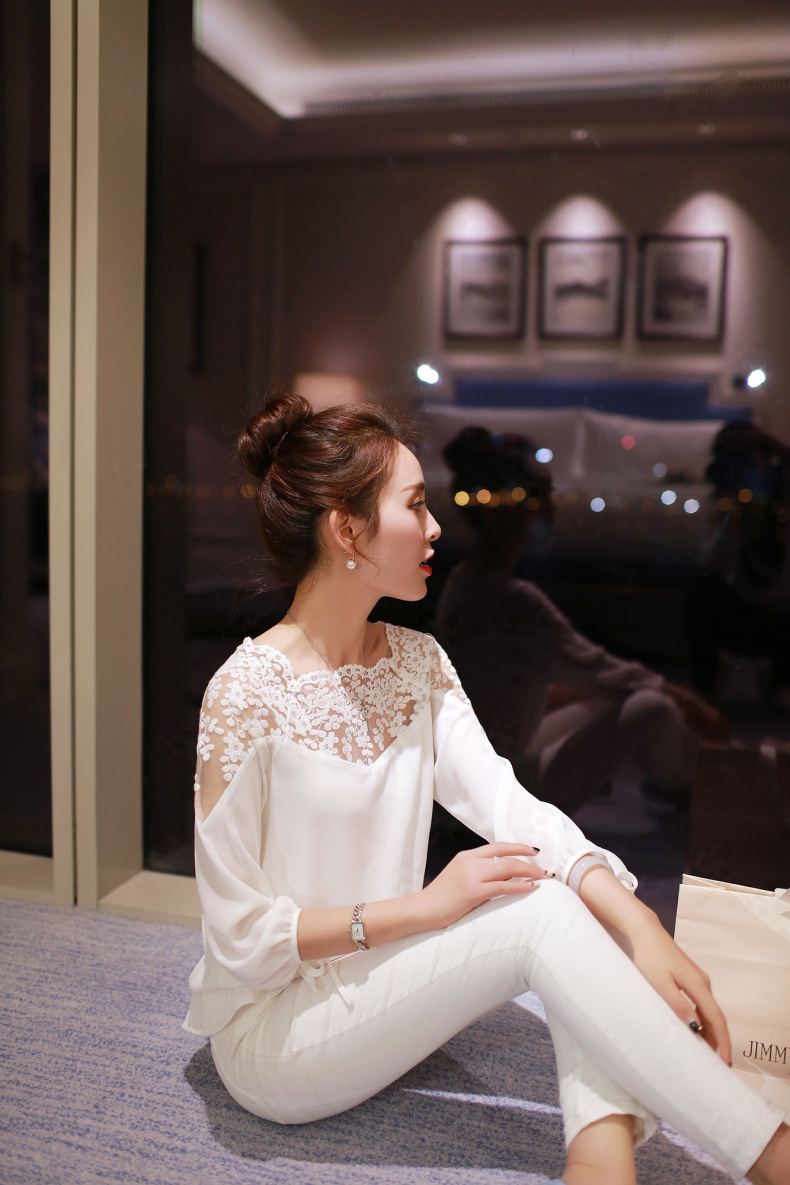 忆姿美2016春夏装新品女装蕾丝衫大码修身名媛气质春秋女式雪纺衫 白色 M