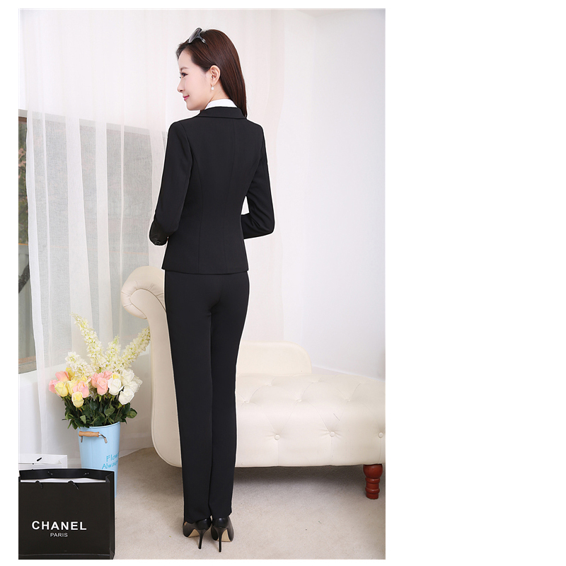 依莱迪2015春秋季美容房地产酒店工作服2件套裙制服长袖OL职业装套装套裙女小西装 黑色套裤 XXL