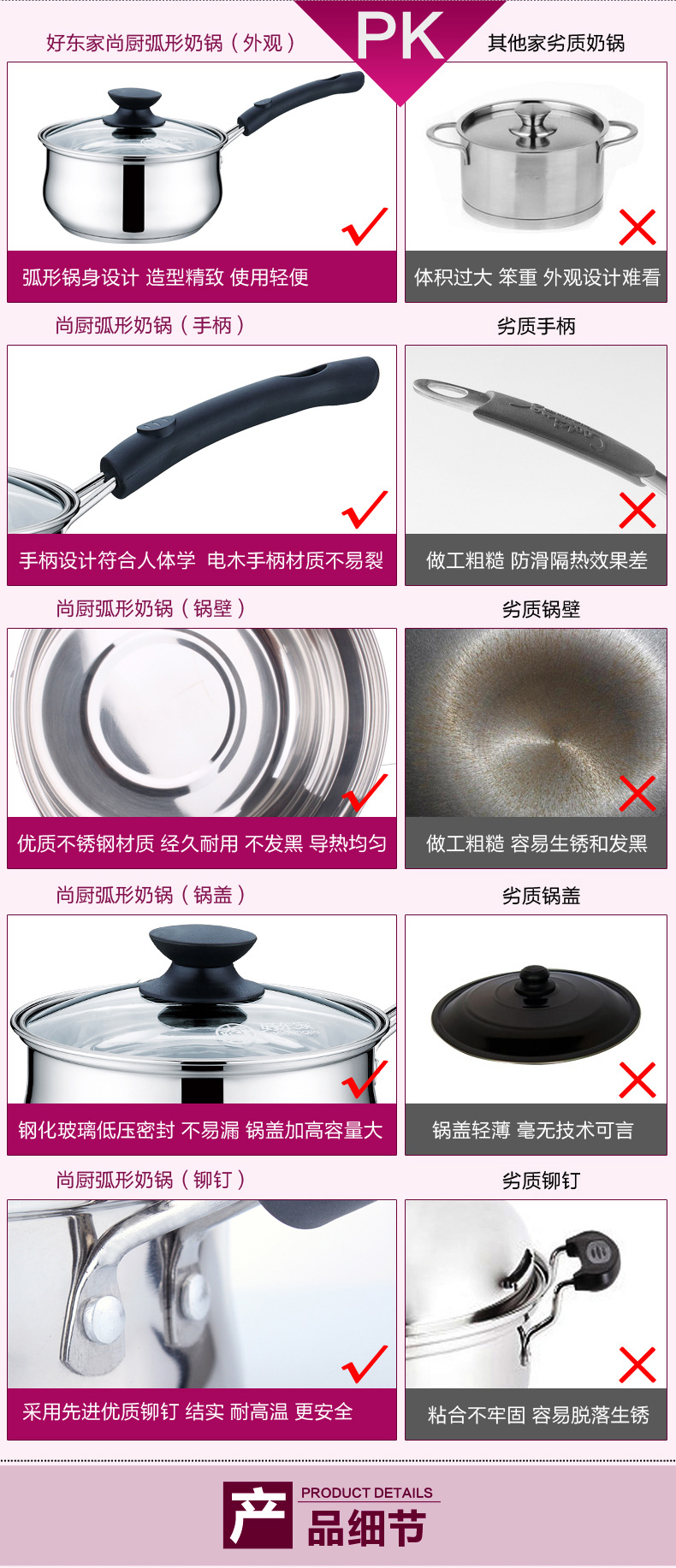 
                                        好东家煮奶锅不锈钢锅16cm 汤锅复底加厚辅食锅 电磁炉燃煤炉通用                